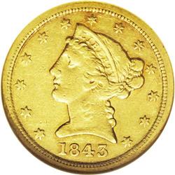 	1843-C $5 XF45 NGC. Variety 6-C. Two reverse dies are 1843-C