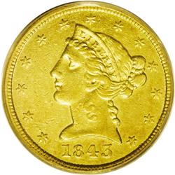 	1843-D $5 Medium D AU53 PCGS. Variety 10-H. A partly l 1843-D