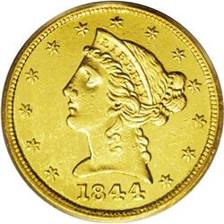 	1844-D $5 AU55 PCGS. Variety 11-H. An extremely high-q 1844-D