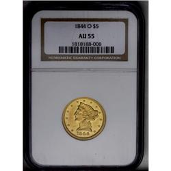 	1844-O $5 AU55 NGC. Yellow-gold surfaces display trace 1844-O