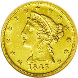 	1845-D $5 AU58 NGC. Variety 12-I. This sharply struck 1845-D