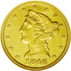 	1846-C $5 AU53 NGC. Variety 8-E. The base of the 1 in 1846-C