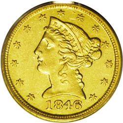 	1846-D $5 AU55 PCGS. Variety 14-I. A meticulously stru 1846-D