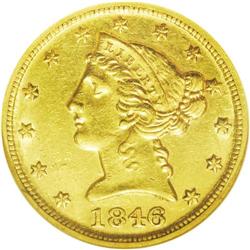	1846-D/D $5 AU53 NGC. Variety 16-L. The "Low Date" var 1846-D/D
