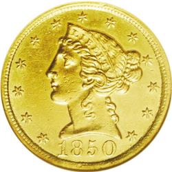 	1850-C $5 --Tooled, Cleaned--ANACS. AU55 Details. 1850-C