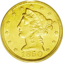 	1850-C $5 Weak C AU53 PCGS. Variety 15-G. A partly lus 1850-C