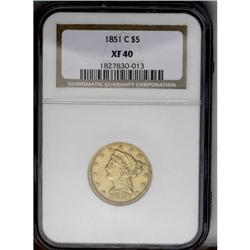 	1851-C $5 XF40 NGC. A scarce Charlotte half eagle, thi 1851-C