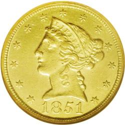 	1851-C $5 AU55 NGC. Variety 16-G. A bright yellow-gold 1851-C