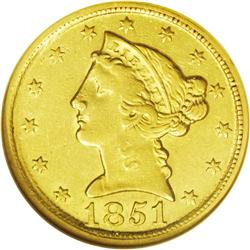 	1851-D $5 AU58 NGC. Variety 26-R. The first 1 in the d 1851-D