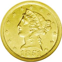 	1851-O $5 AU55 NGC. Like the quarter eagle of this dat 1851-O