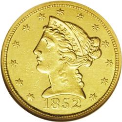 	1852-C $5 MS61 NGC. Variety 18-H. A clean pale-gold pi 1852-C