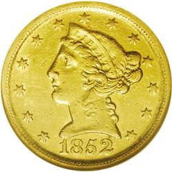 	1852-D $5 AU58 NGC. Variety 27-U. An attractive high g 1852-D