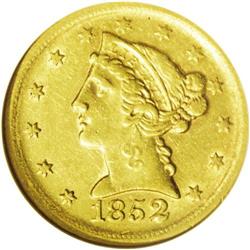 	1852-D $5 AU58 NGC. Variety 27-U. A problem-free Dahlo 1852-D