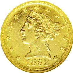 	1852-D $5 MS62 NGC. Variety 28-U. This obverse has the 1852-D