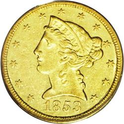 	1853-C $5 AU58 PCGS. Variety 20-H. A bright yellow-gol 1853-C