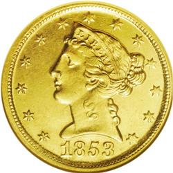 	1853-D $5 Large D--Cleaned--ANACS. AU58 Details. Varie 1853-D