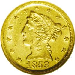 	1853-D $5 Large D MS61 NGC. Variety 29-V. Among issues 1853-D