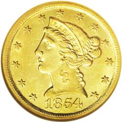 	1854-D $5 Large D MS60 NGC. Variety 30-?. The date and 1854-D