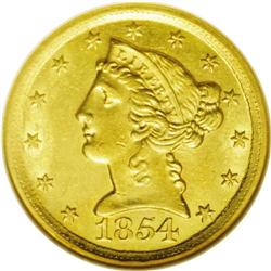 	1854-D $5 Large D MS62 NGC. Variety 30-?. The mintmark 1854-D