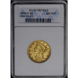 	1854-D $5 Weak D--Rim Filed--ANACS. AU55 Details. Vari 1854-D