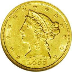 	1855-S $5 AU58 NGC. Surprisingly lustrous with light, 1855-S