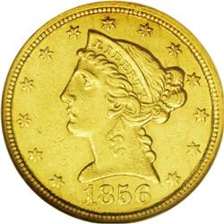 	1856-C $5 AU55 NGC. Variety 24-J. Many tiny, grade-con 1856-C