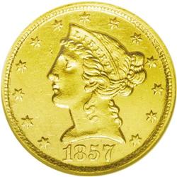 	1857-C $5 --Cleaned--ANACS. AU55 Details. Variety 25-J. 1857-C