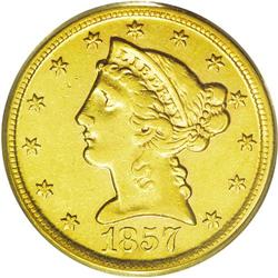 	1857-D $5 AU55 PCGS. Variety 34-CC. Softly struck on L 1857-D