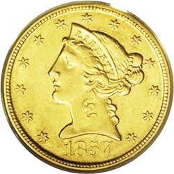 	1857-D $5 AU58 PCGS. Variety 34-CC. Mintages of gold c 1857-D