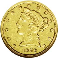 	1859-C $5 AU53 NGC. Variety 27-M. This yellow-gold C-m 1859-C