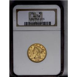 	1861 $5 AU58 PCGS. Peach-gold surfaces are lightly abr 1861