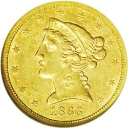 	1866-S $5 No Motto AU55 NGC. This issue is considered 1866-S