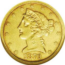 	1870-S $5 --Cleaned--ANACS. XF45 Details. With a mintag 1870-S