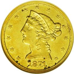 	1871-S $5 AU53 NGC. Double Punched Date. Breen-6678. C 1871-S
