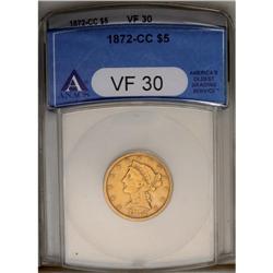 	1872-CC $5 VF30 ANACS. With a mintage of only 16,980 p 1872-CC