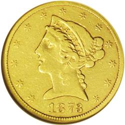 	1873-CC $5 --Cleaned--ANACS. VF30 Details. The 1873-CC 1873-CC