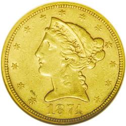 	1874-S $5 XF45 NGC. The ''74-S half eagle is somewhat 1874-S