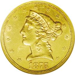 	1875-S $5 AU50 NGC. This typically abraded half eagle 1875-S