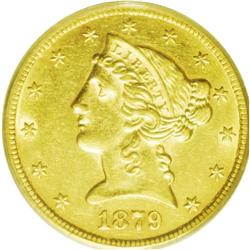 	1879-CC $5 AU58 PCGS. Variety 2-A with a die scratch t 1879-CC
