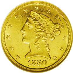 	1880-CC $5 MS61 NGC. Variety 2-C. This variety is dist 1880-CC