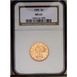 	1885 $5 MS63 NGC. Bright apricot-gold surfaces display 1885