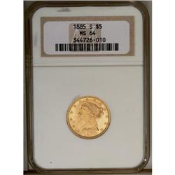	1885-S $5 MS64 NGC. Boldly struck with deep rose-gold 1885-S