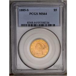 	1885-S $5 MS64 PCGS. An orange-gold near-Gem piece, ni 1885-S