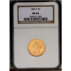 	1885-S $5 MS64 NGC. A lustrous and radiant sunrise-gol 1885-S