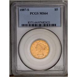 	1887-S $5 MS64 PCGS. Coruscating luster exudes from ap 1887-S