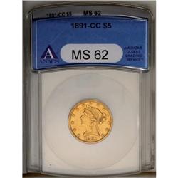 	1891-CC $5 MS62 ANACS. Bright apricot-gold surfaces re 1891-CC