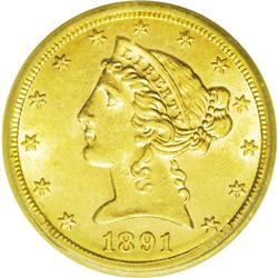 	1891-CC $5 MS63 ICG. Quite frosty with bold definition 1891-CC
