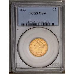 	1892 $5 MS64 PCGS. Lovely apricot-gold patina overlies 1892