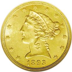 	1893-CC $5 MS62 NGC. Variety 1-A. The final year of Ca 1893-CC