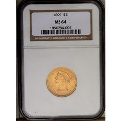 	1899 $5 MS64 NGC. Dusky green-gold with lustrous, silk 1899
